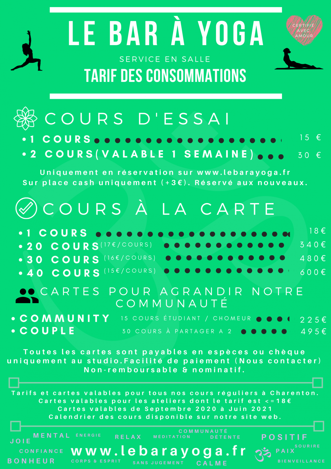 Tarifs 20202021 Le Bar à Yoga